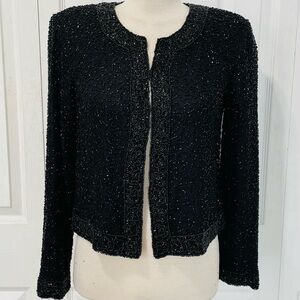 Vintage 1980s Laurence Kazar Black Heavily Beaded Blazer 100% Silk